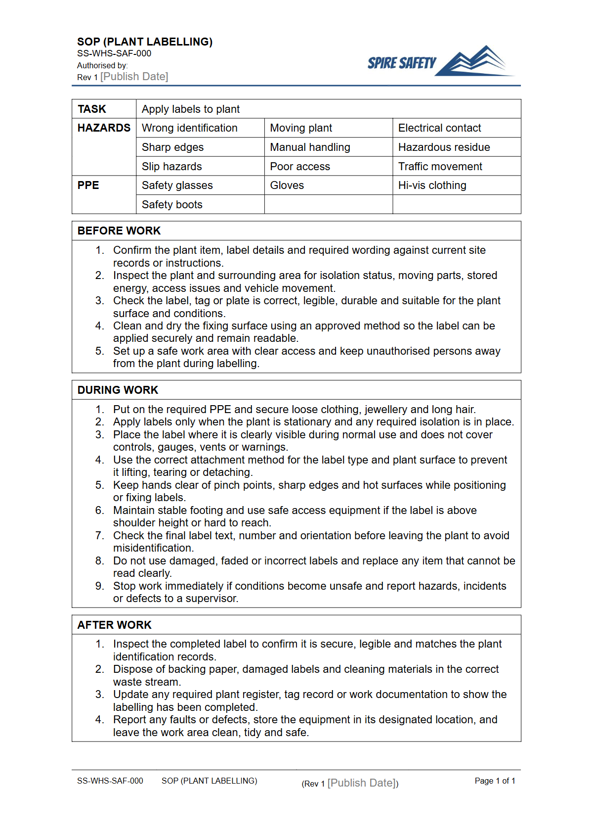 Free Safe Operating Procedure (Plant Labelling) Template — document preview