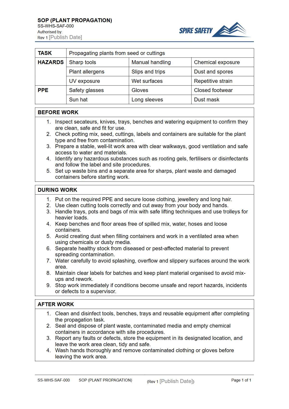 Free Safe Operating Procedure (Plant Propagation) Template — document preview