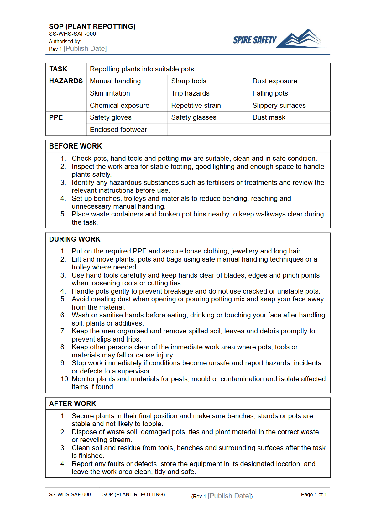 Free Safe Operating Procedure (Plant Repotting) Template — document preview