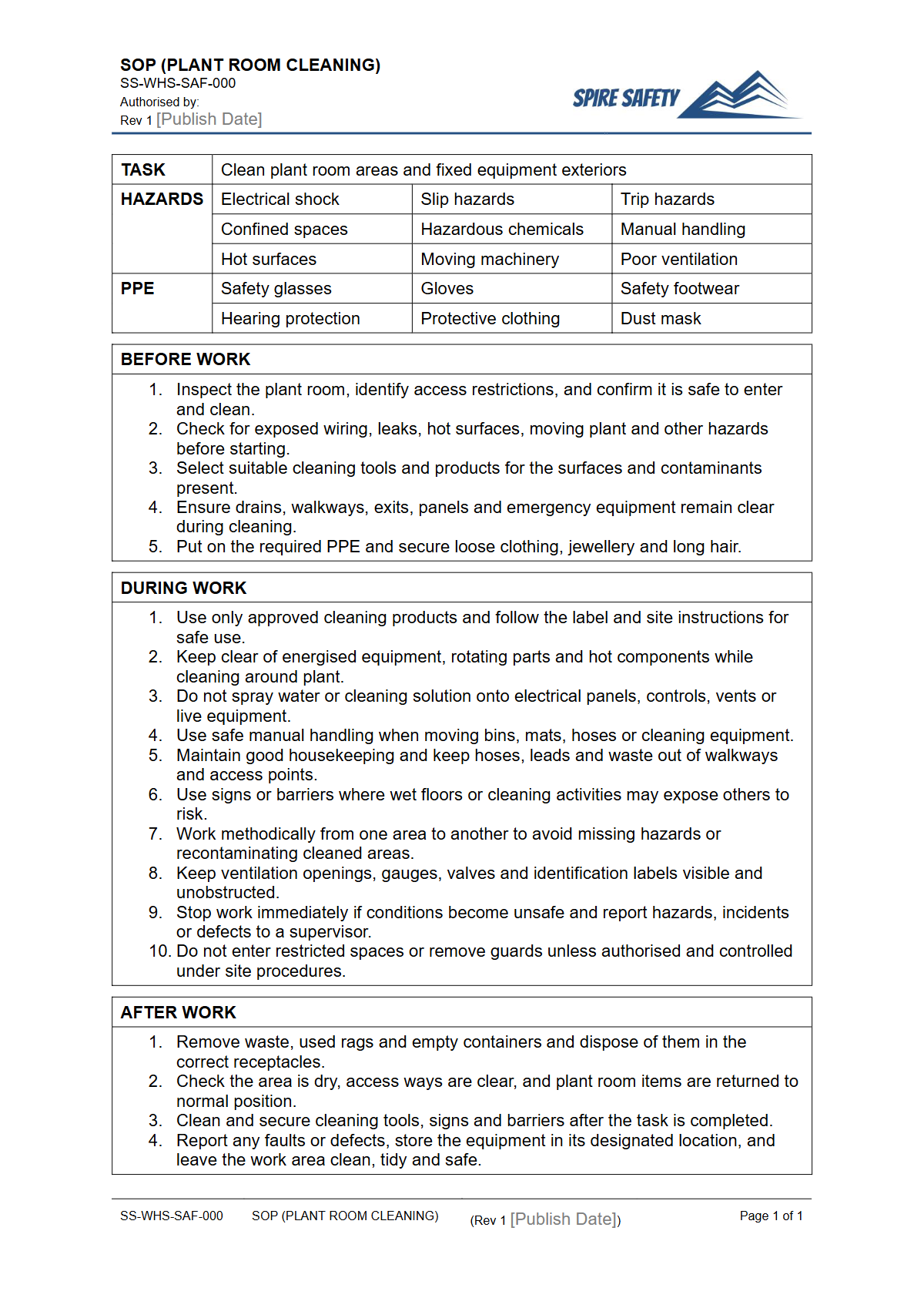 Free Safe Operating Procedure (Plant Room Cleaning) Template — document preview