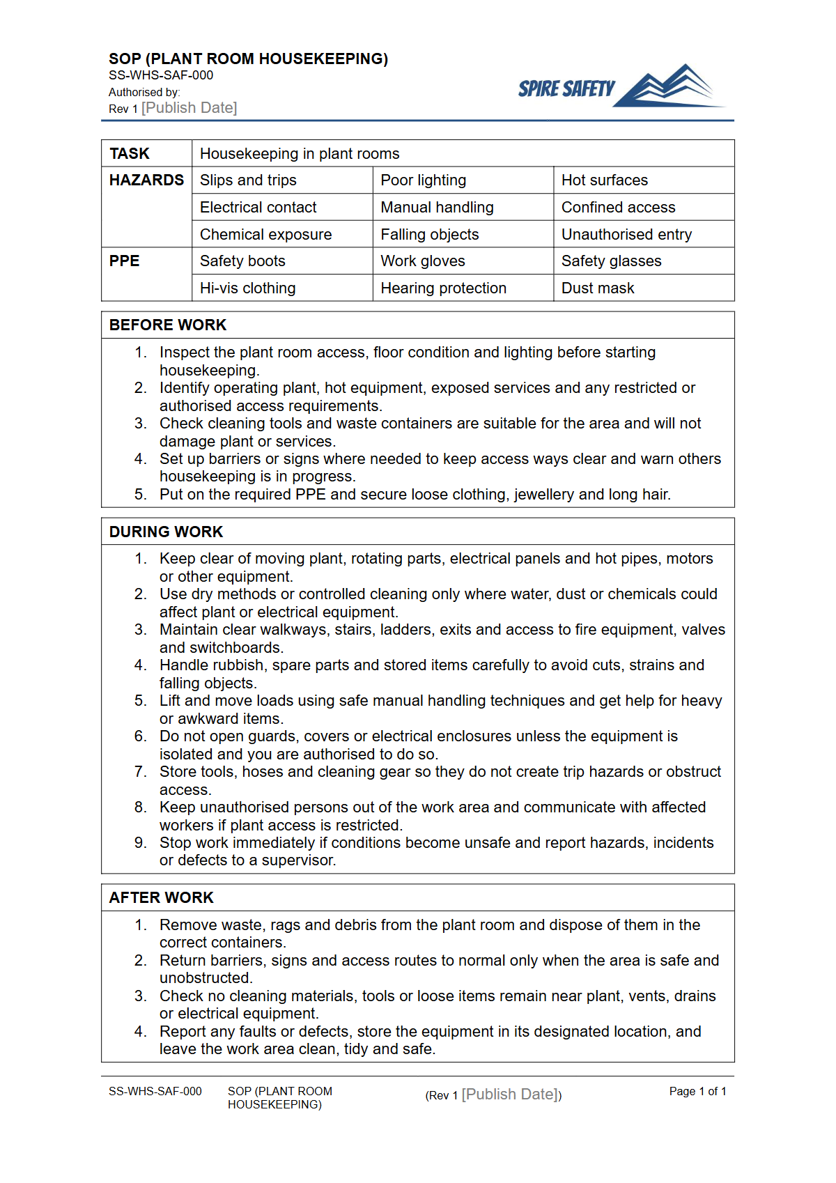 Free Safe Operating Procedure (Plant Room Housekeeping) Template — document preview