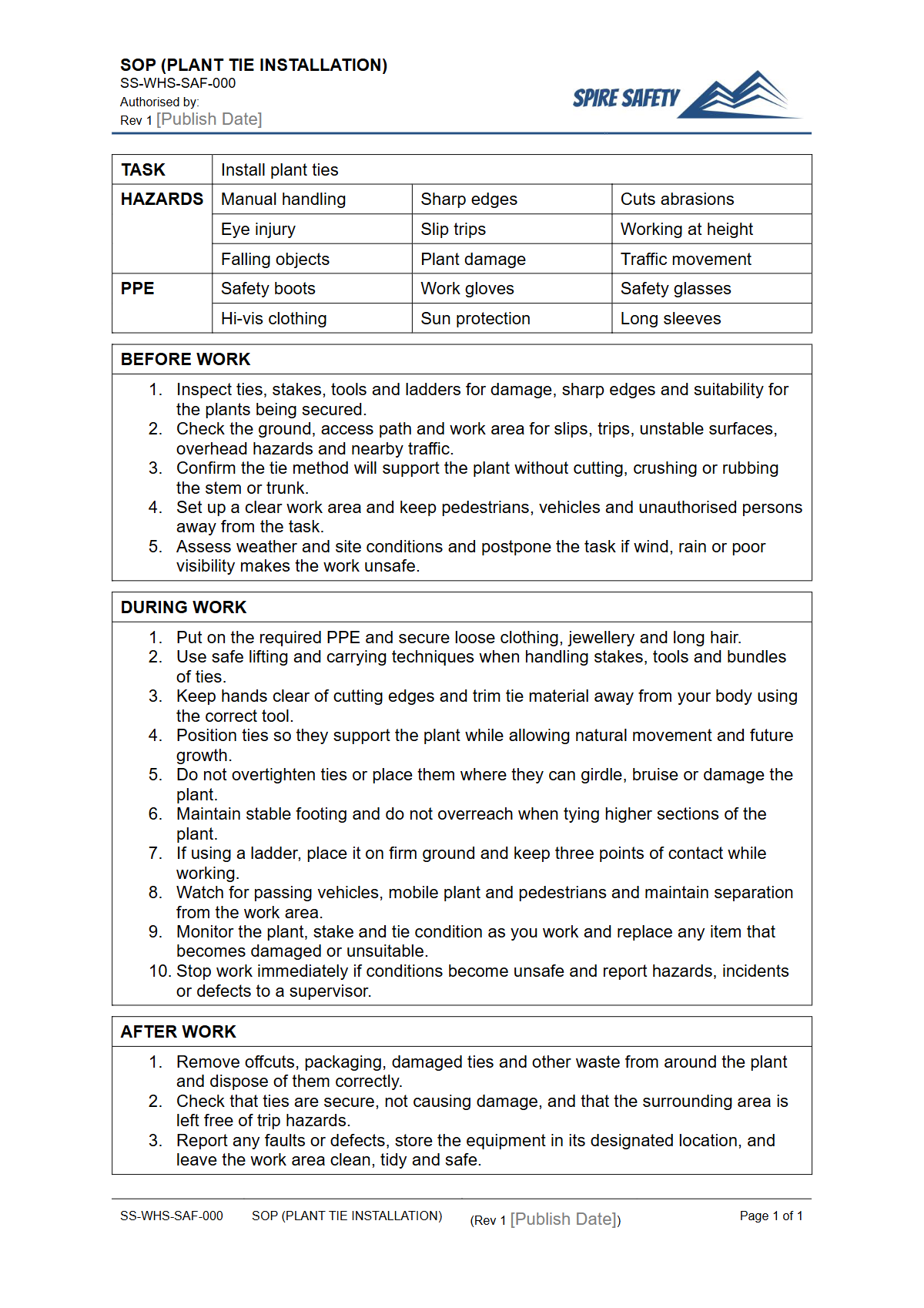 Free Safe Operating Procedure (Plant Tie Installation) Template — document preview