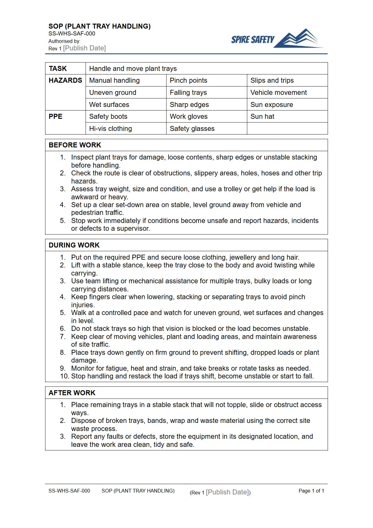 Free Safe Operating Procedure (Plant Tray Handling) Template — document preview