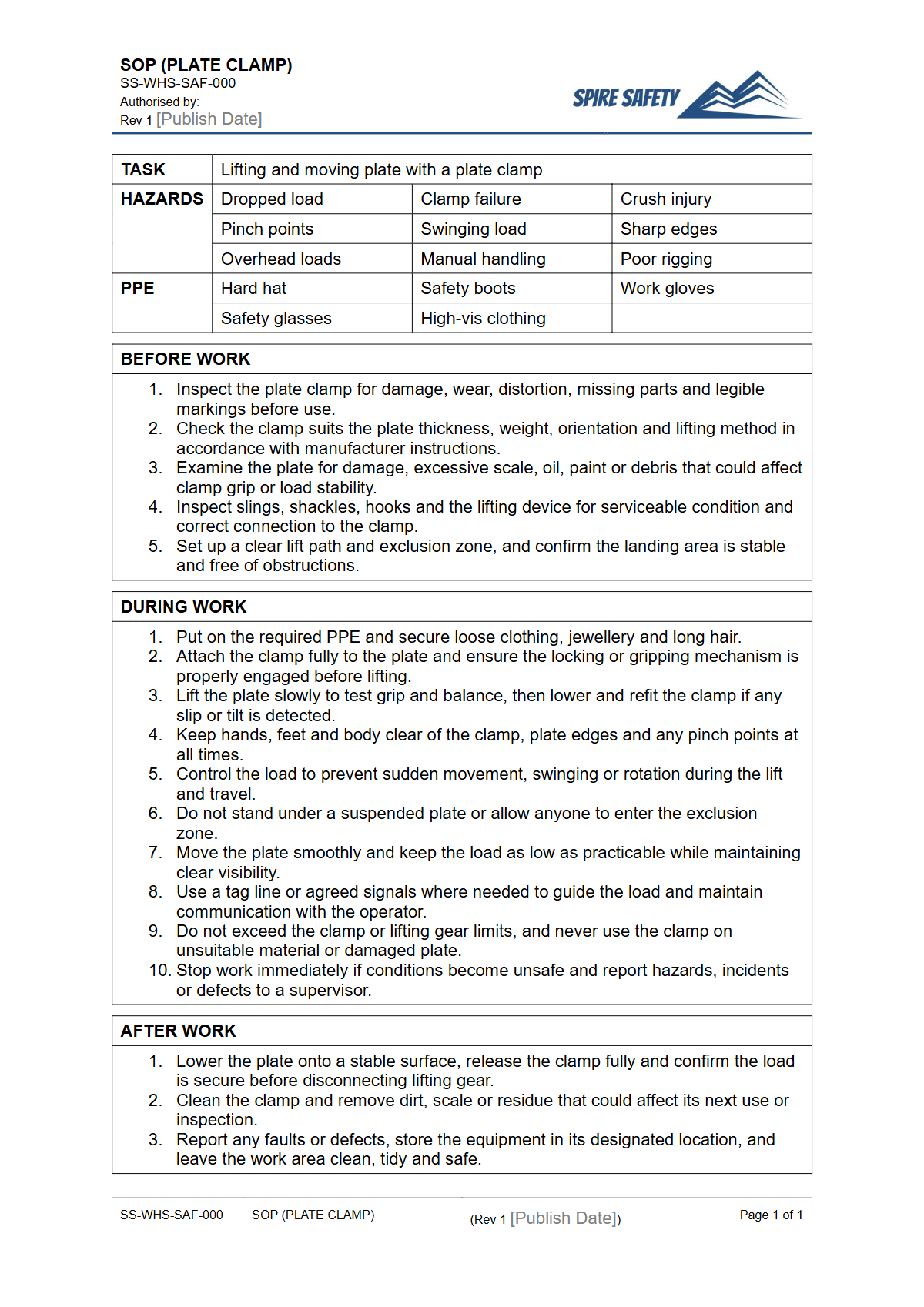 Free Safe Operating Procedure (Plate Clamp) Template — document preview