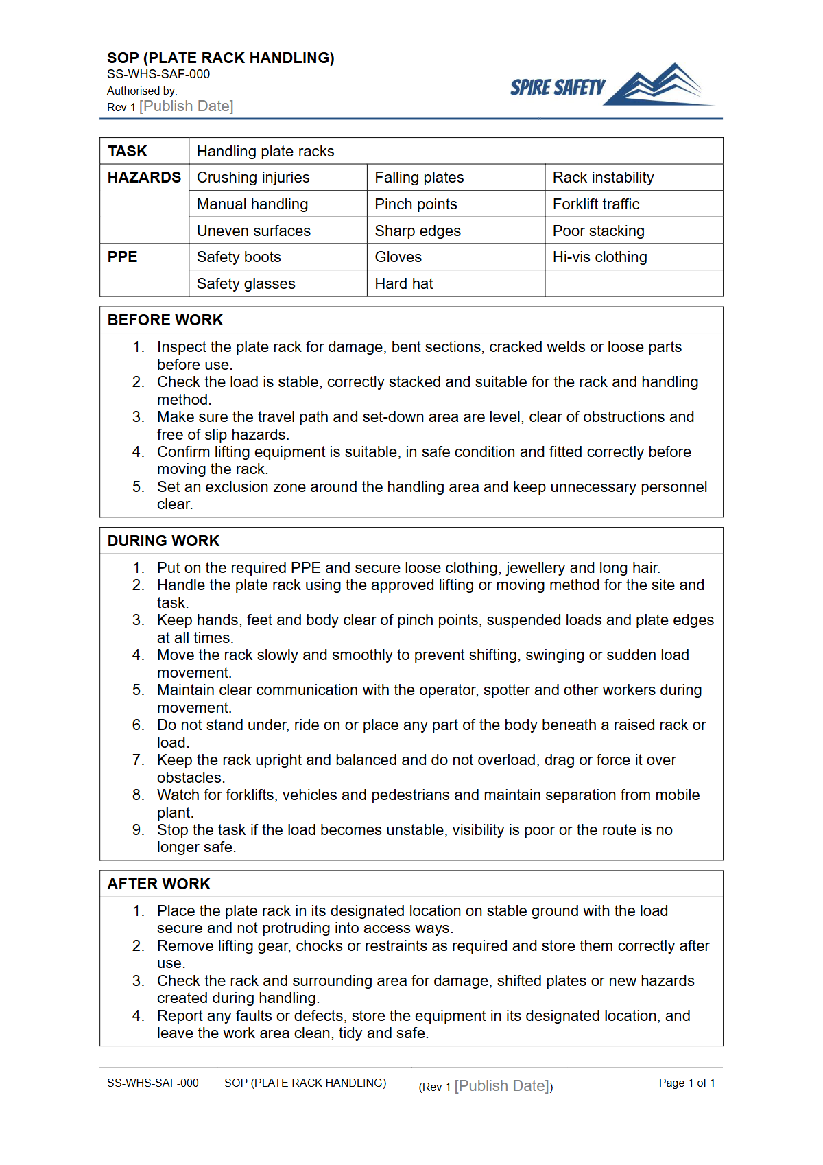 Free Safe Operating Procedure (Plate Rack Handling) Template — document preview