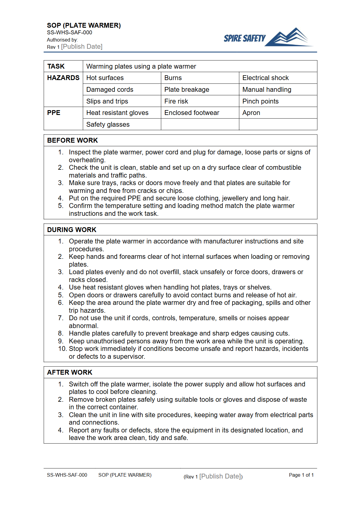 Free Safe Operating Procedure (Plate Warmer) Template — document preview