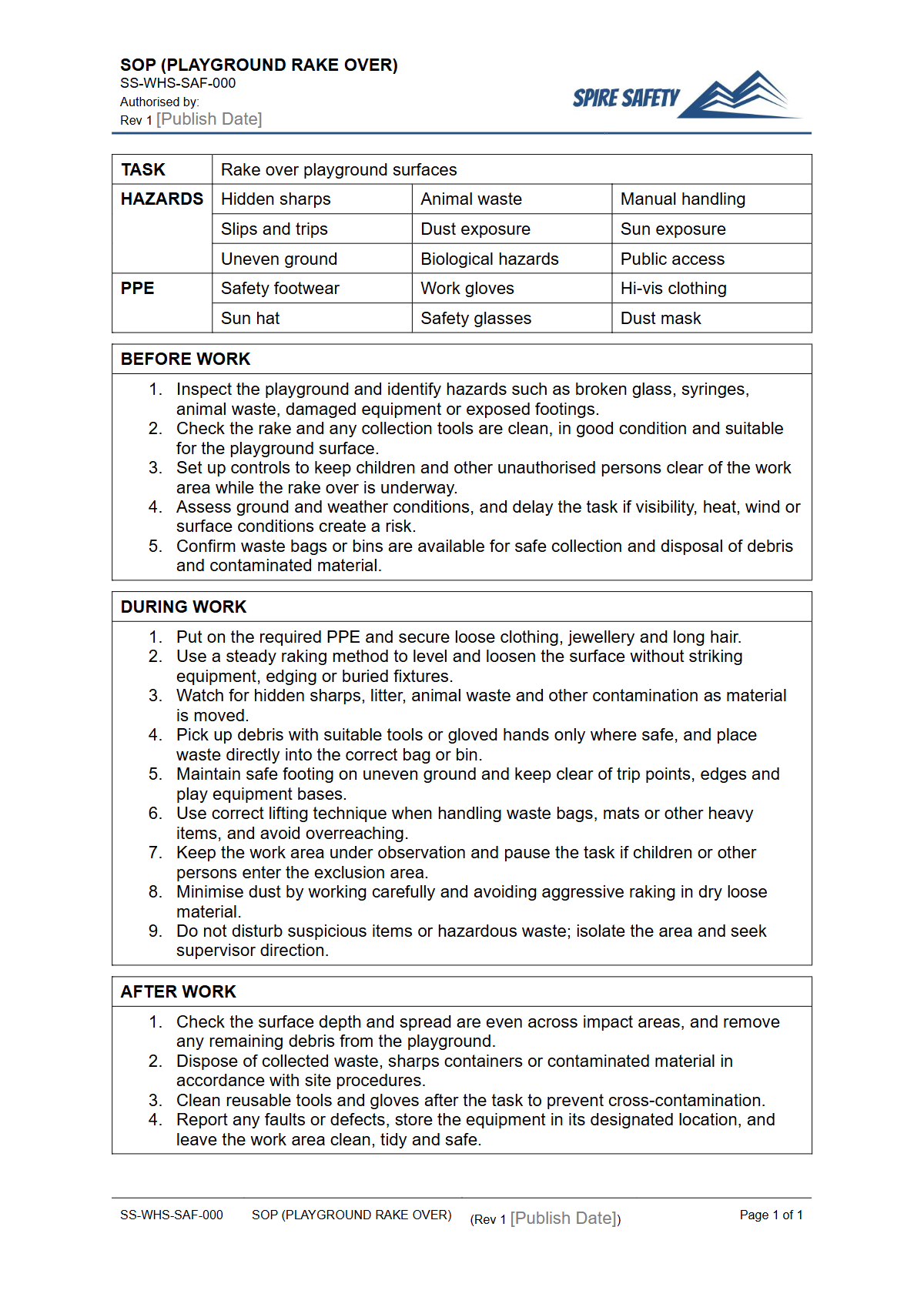Free Safe Operating Procedure (Playground Rake Over) Template — document preview