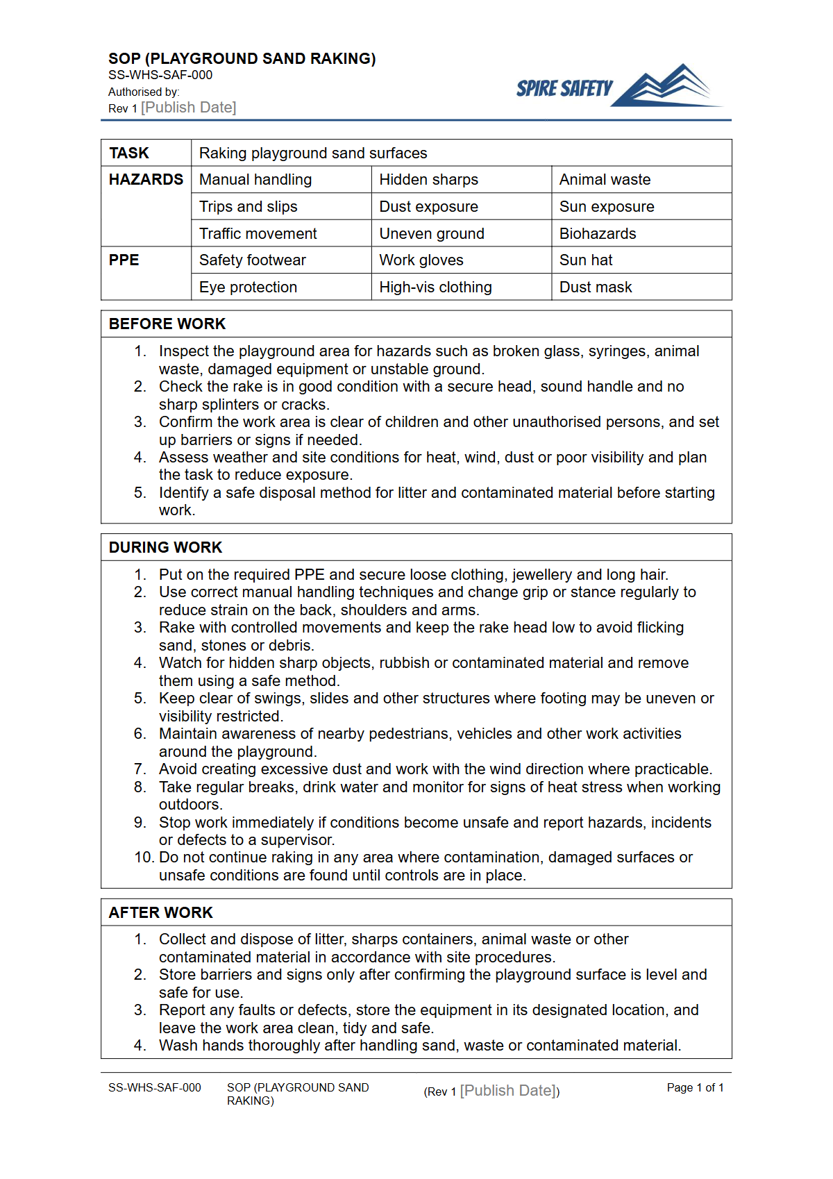 Free Safe Operating Procedure (Playground Sand Raking) Template — document preview