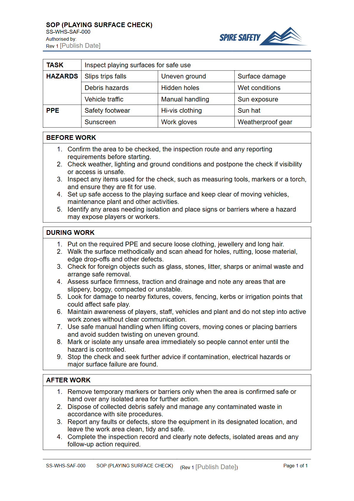 Free Safe Operating Procedure (Playing Surface Check) Template — document preview