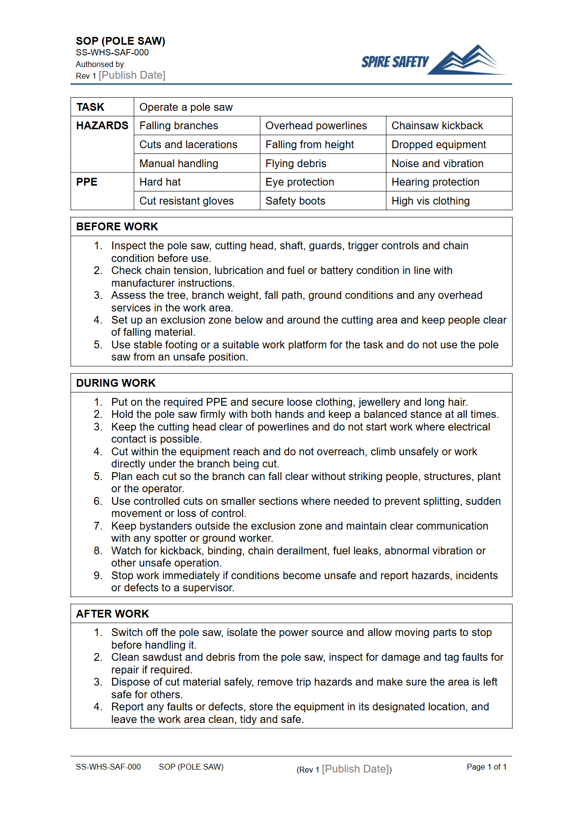Free Safe Operating Procedure (Pole Saw) Template — document preview