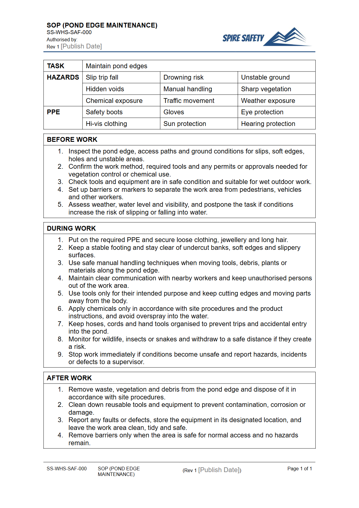 Free Safe Operating Procedure (Pond Edge Maintenance) Template — document preview