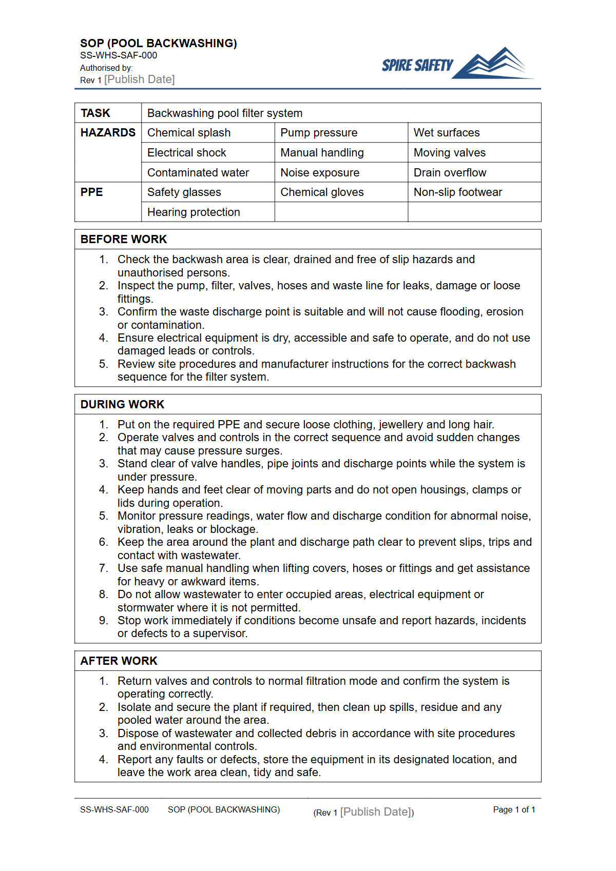 Free Safe Operating Procedure (Pool Backwashing) Template — document preview