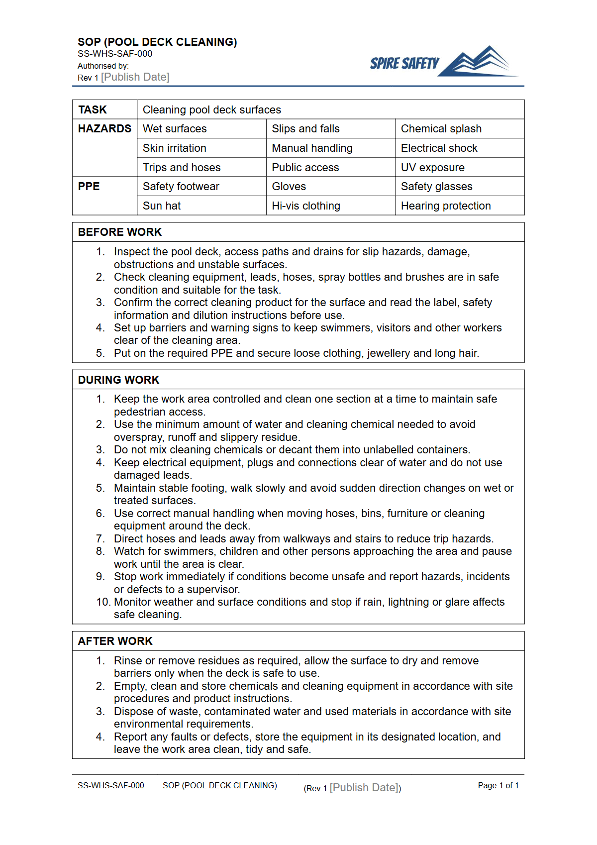 Free Safe Operating Procedure (Pool Deck Cleaning) Template — document preview