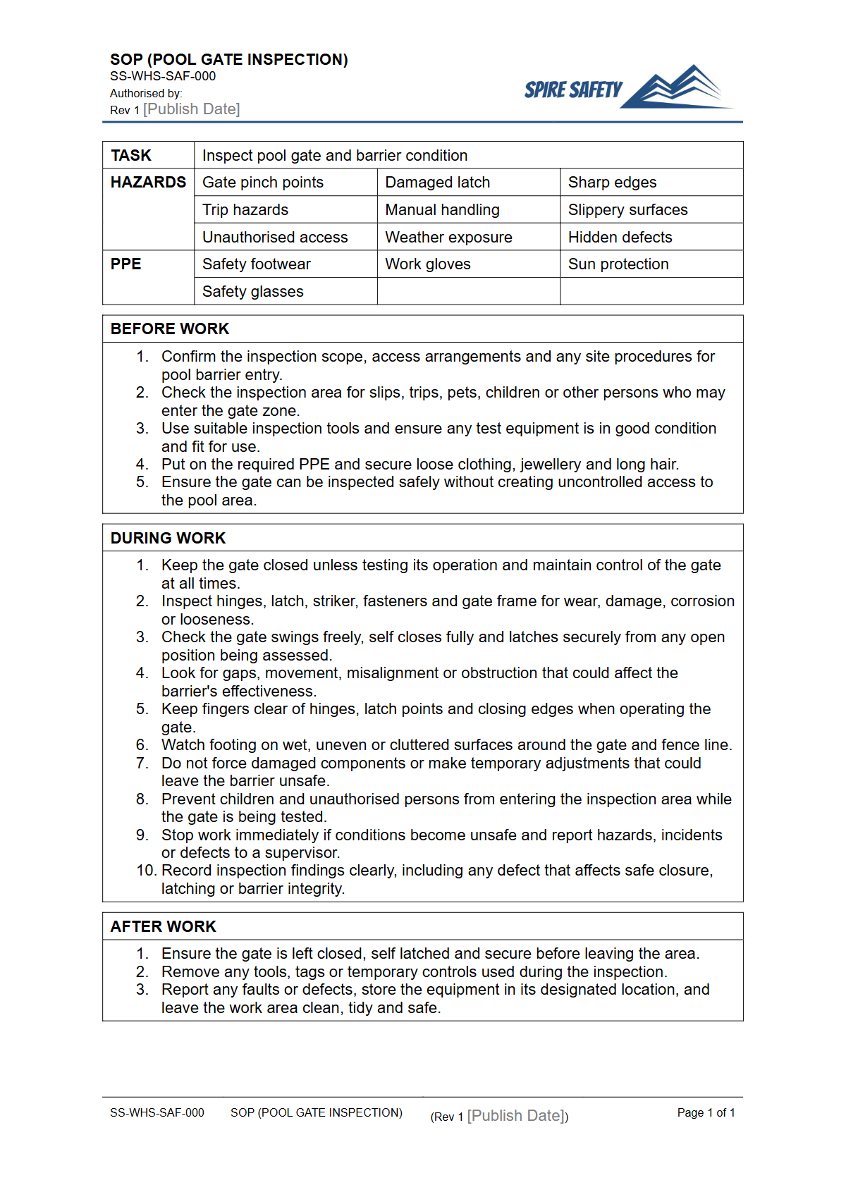 Free Safe Operating Procedure (Pool Gate Inspection) Template — document preview