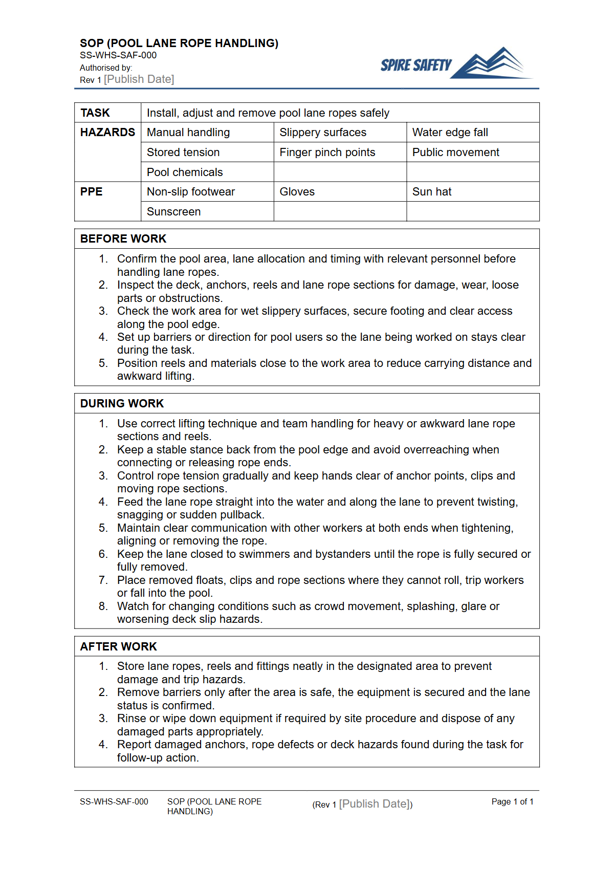 Free Safe Operating Procedure (Pool Lane Rope Handling) Template — document preview