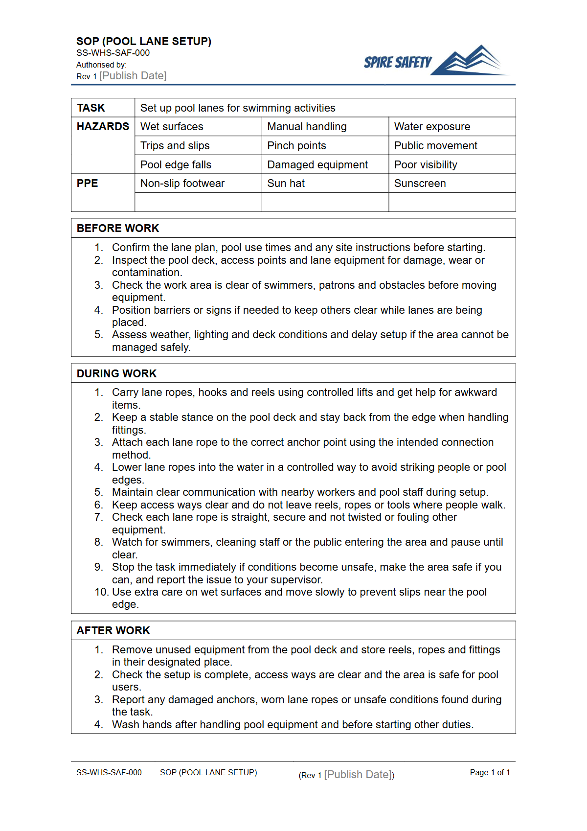 Free Safe Operating Procedure (Pool Lane Setup) Template — document preview