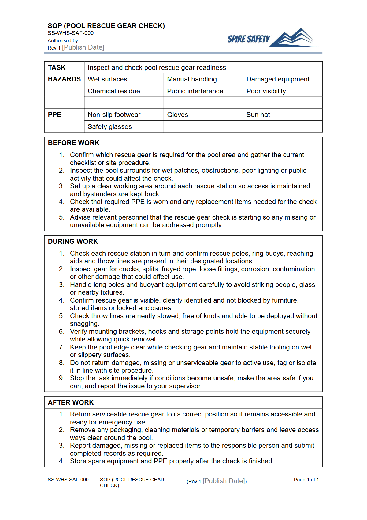 Free Safe Operating Procedure (Pool Rescue Gear Check) Template — document preview