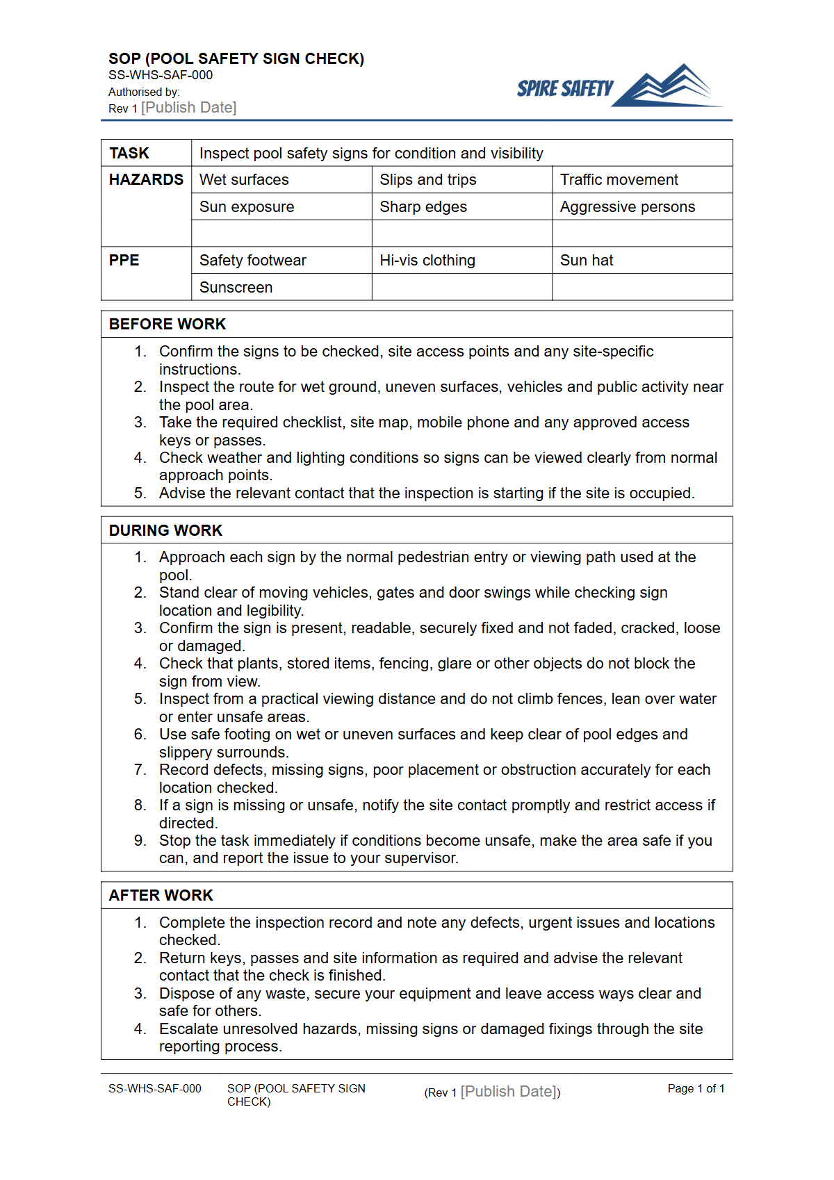 Free Safe Operating Procedure (Pool Safety Sign Check) Template — document preview