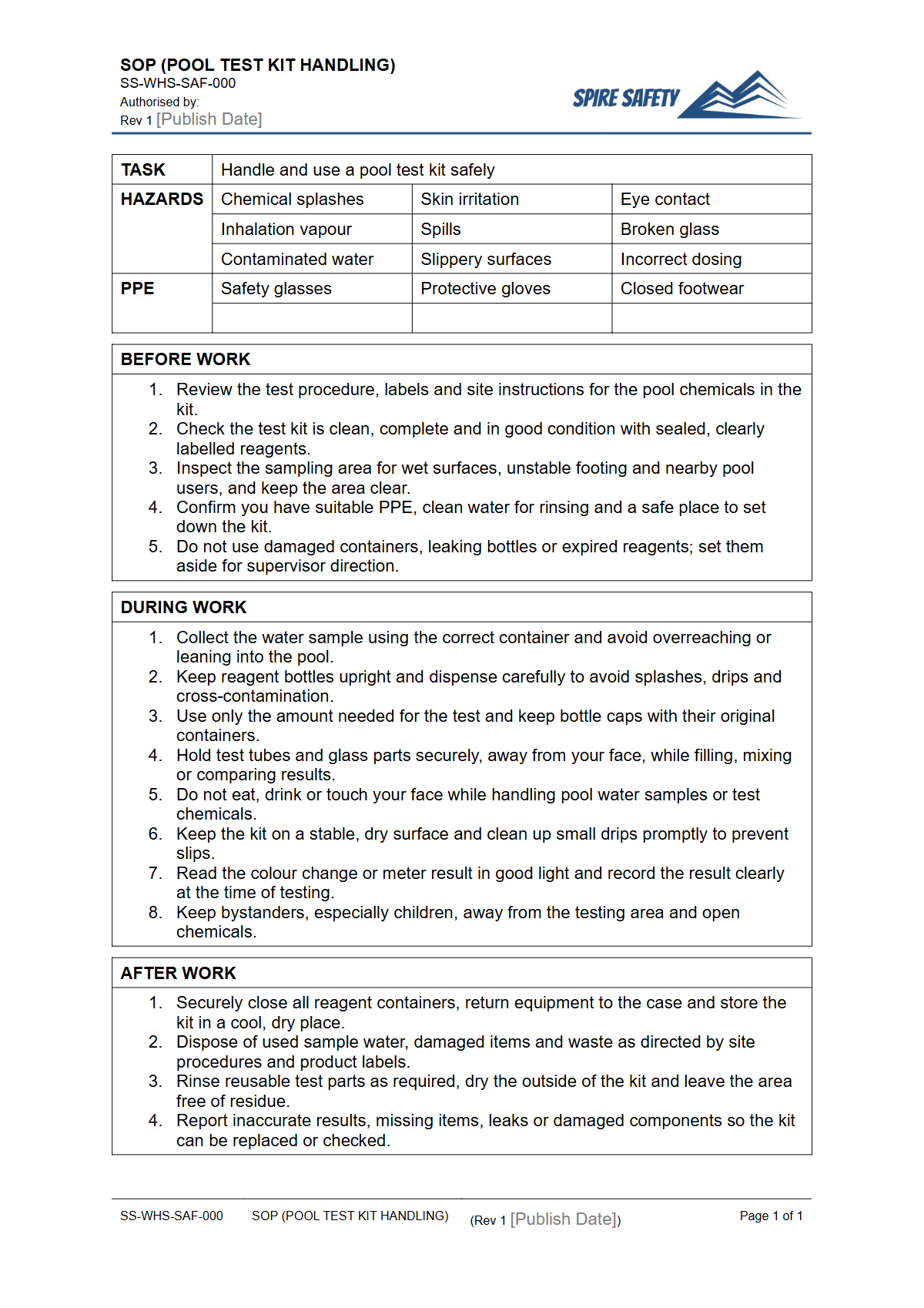Free Safe Operating Procedure (Pool Test Kit Handling) Template — document preview