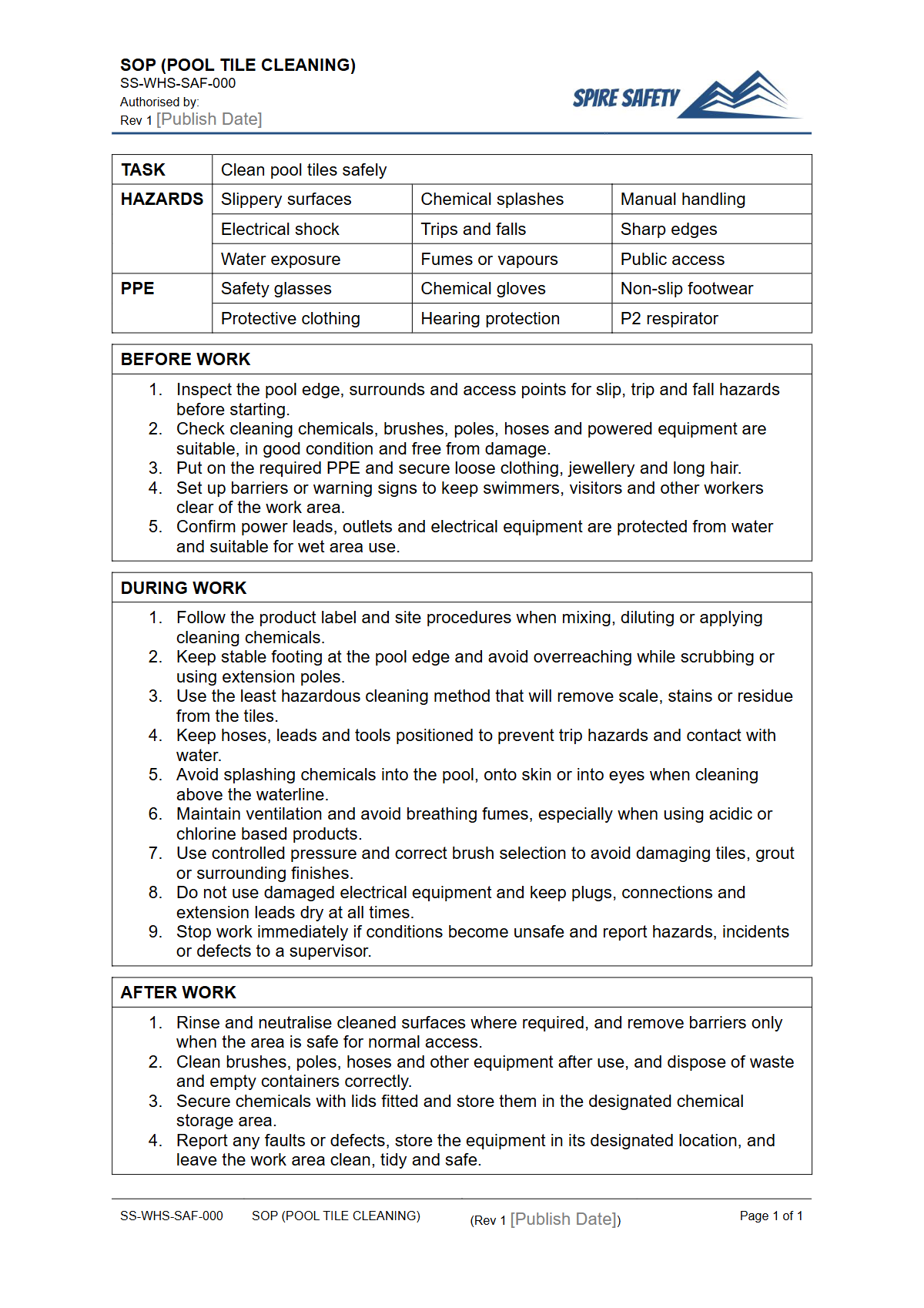 Free Safe Operating Procedure (Pool Tile Cleaning) Template — document preview