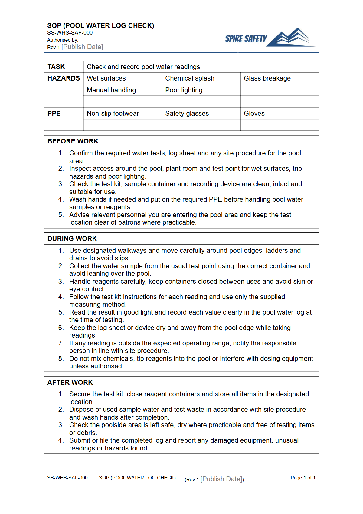Free Safe Operating Procedure (Pool Water Log Check) Template — document preview