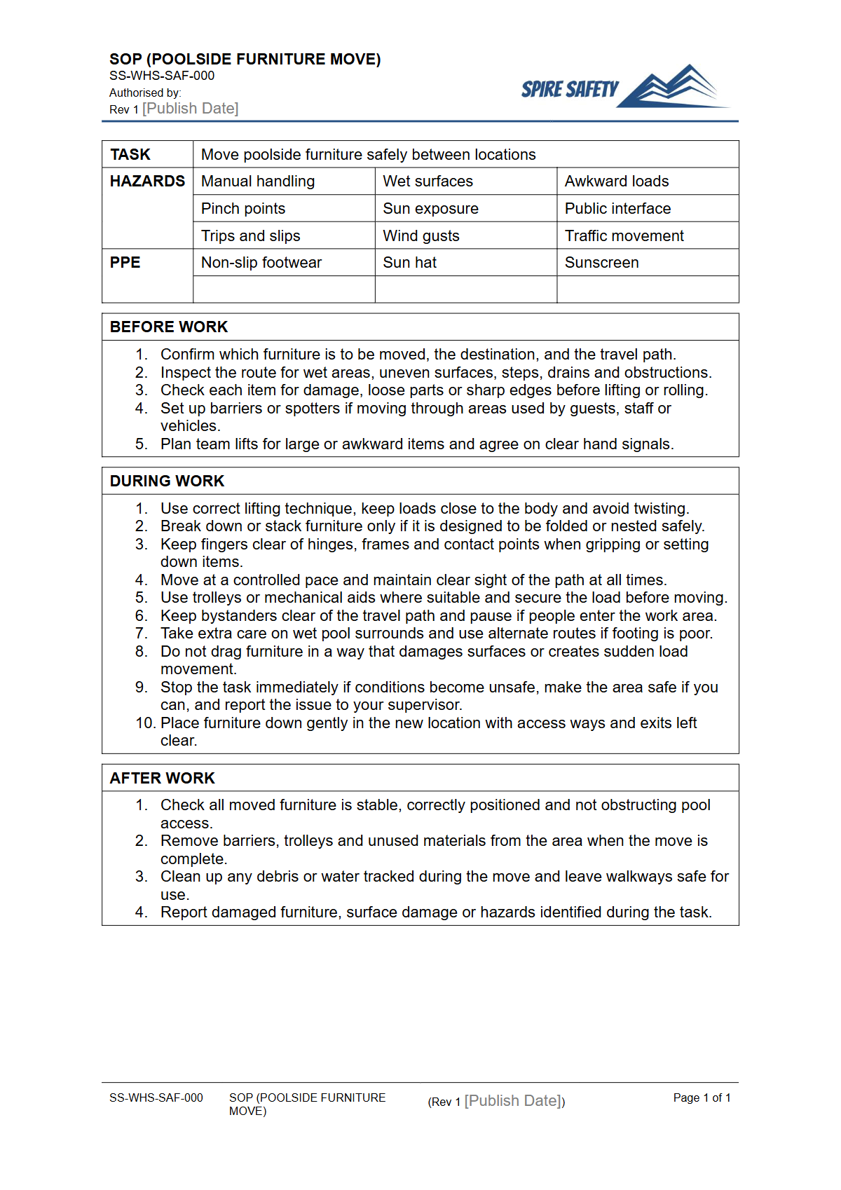 Free Safe Operating Procedure (Poolside Furniture Move) Template — document preview
