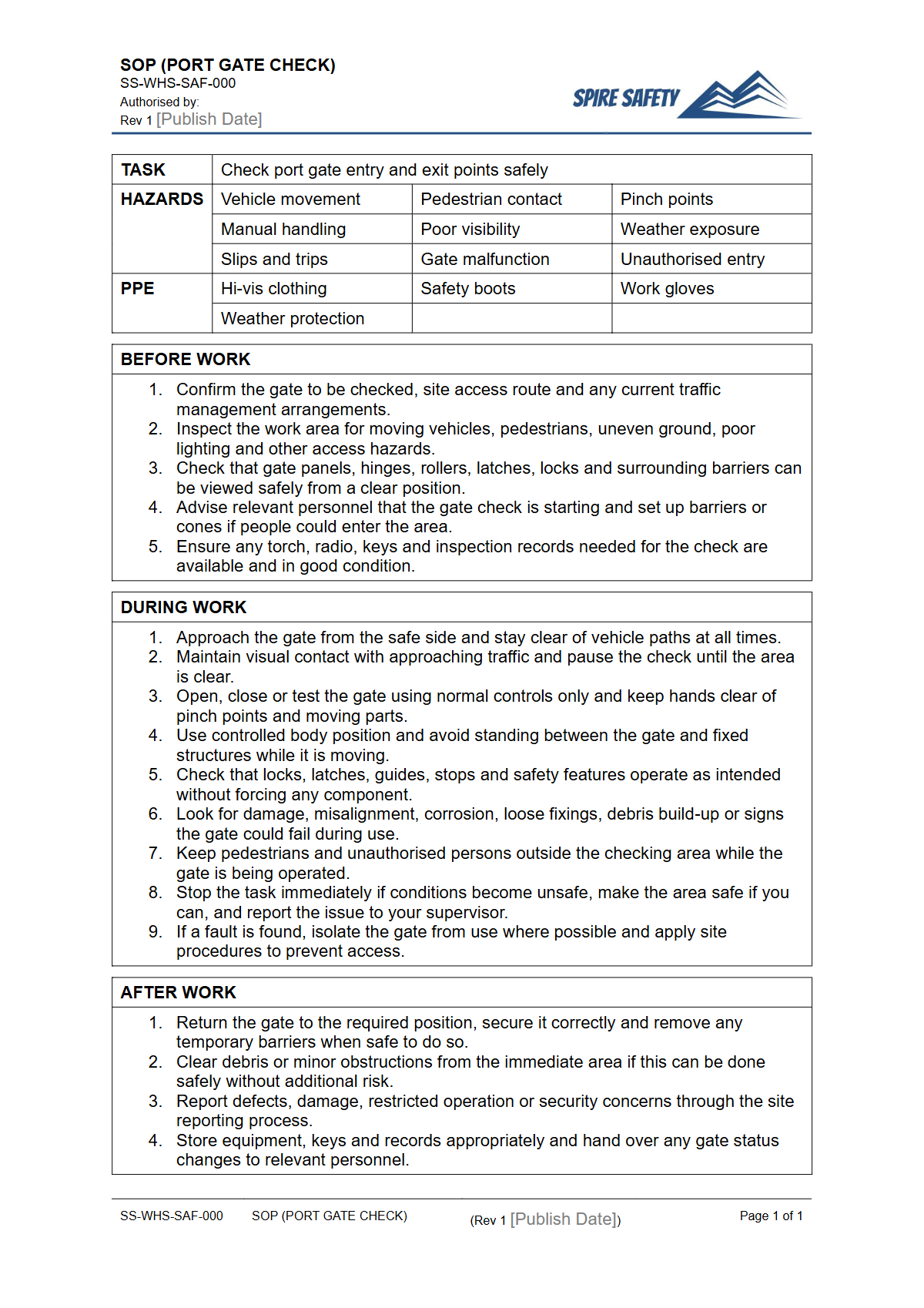 Free Safe Operating Procedure (Port Gate Check) Template — document preview