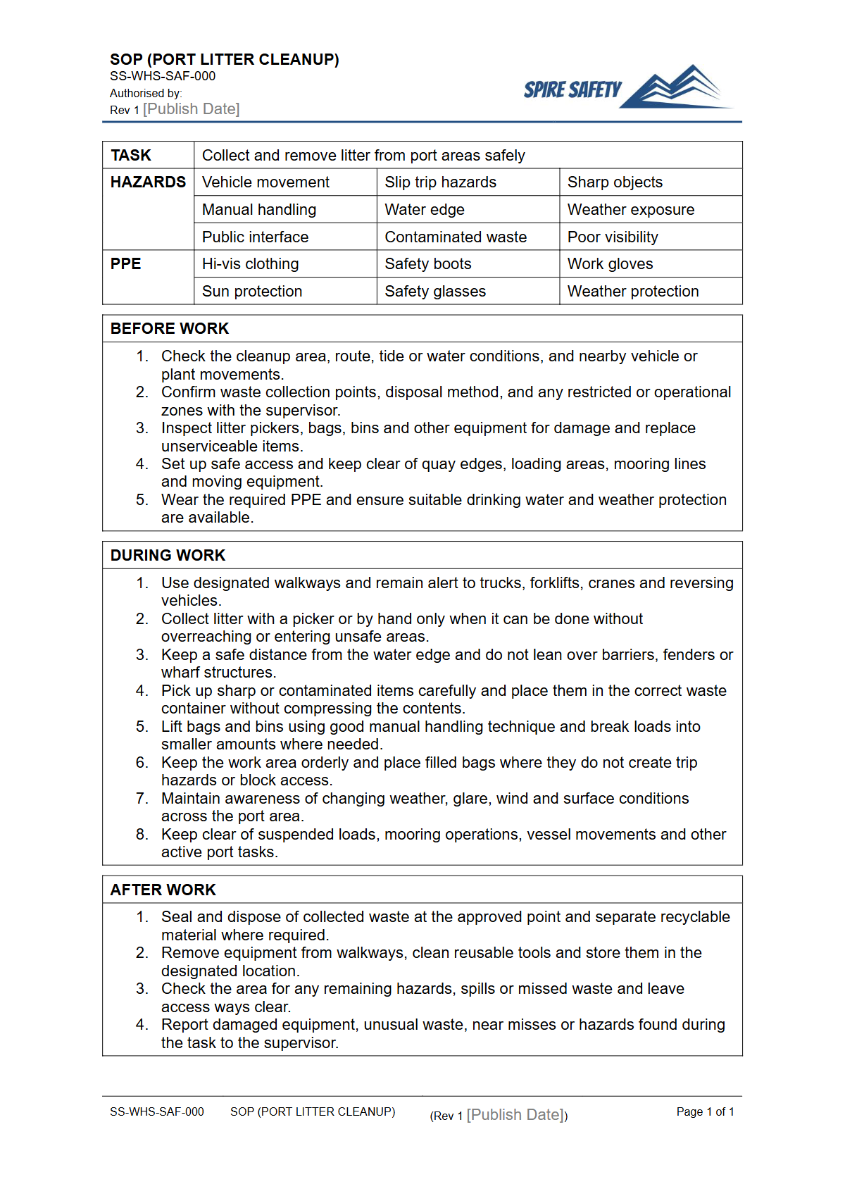 Free Safe Operating Procedure (Port Litter Cleanup) Template — document preview