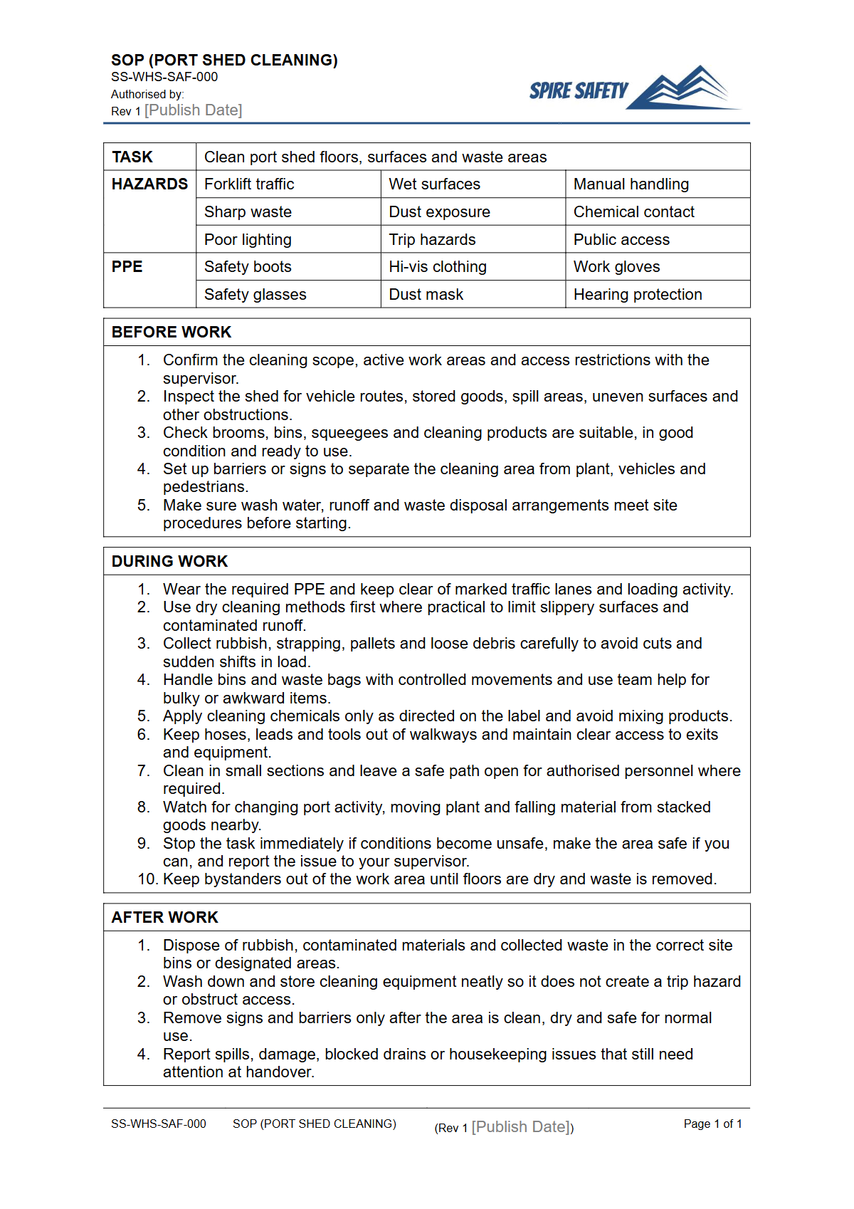 Free Safe Operating Procedure (Port Shed Cleaning) Template — document preview