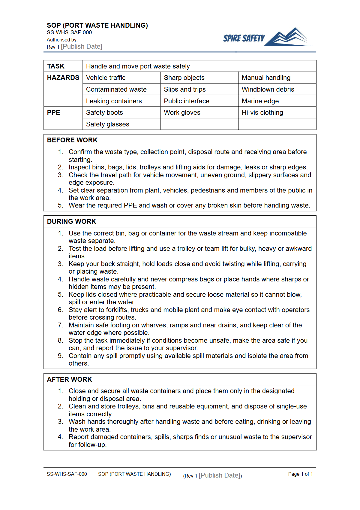 Free Safe Operating Procedure (Port Waste Handling) Template — document preview
