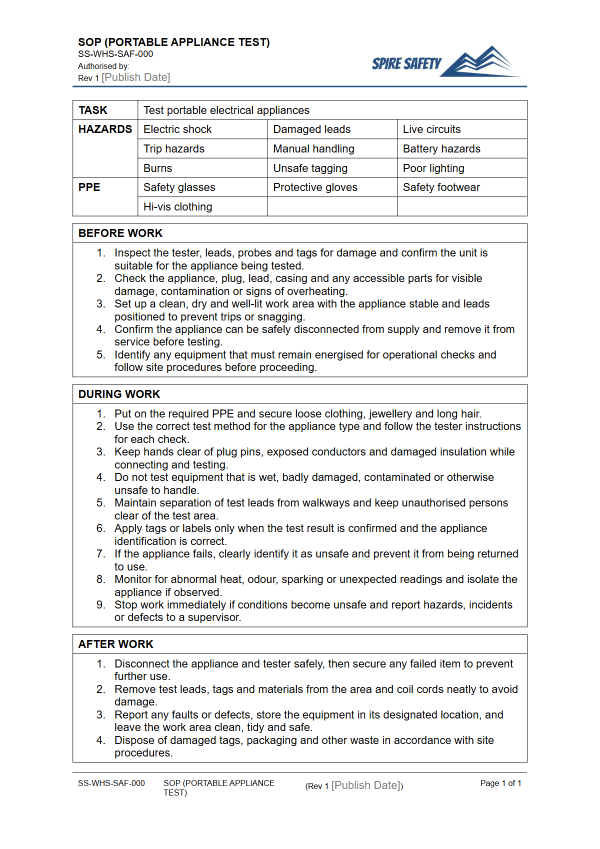 Free Safe Operating Procedure (Portable Appliance Test) Template — document preview