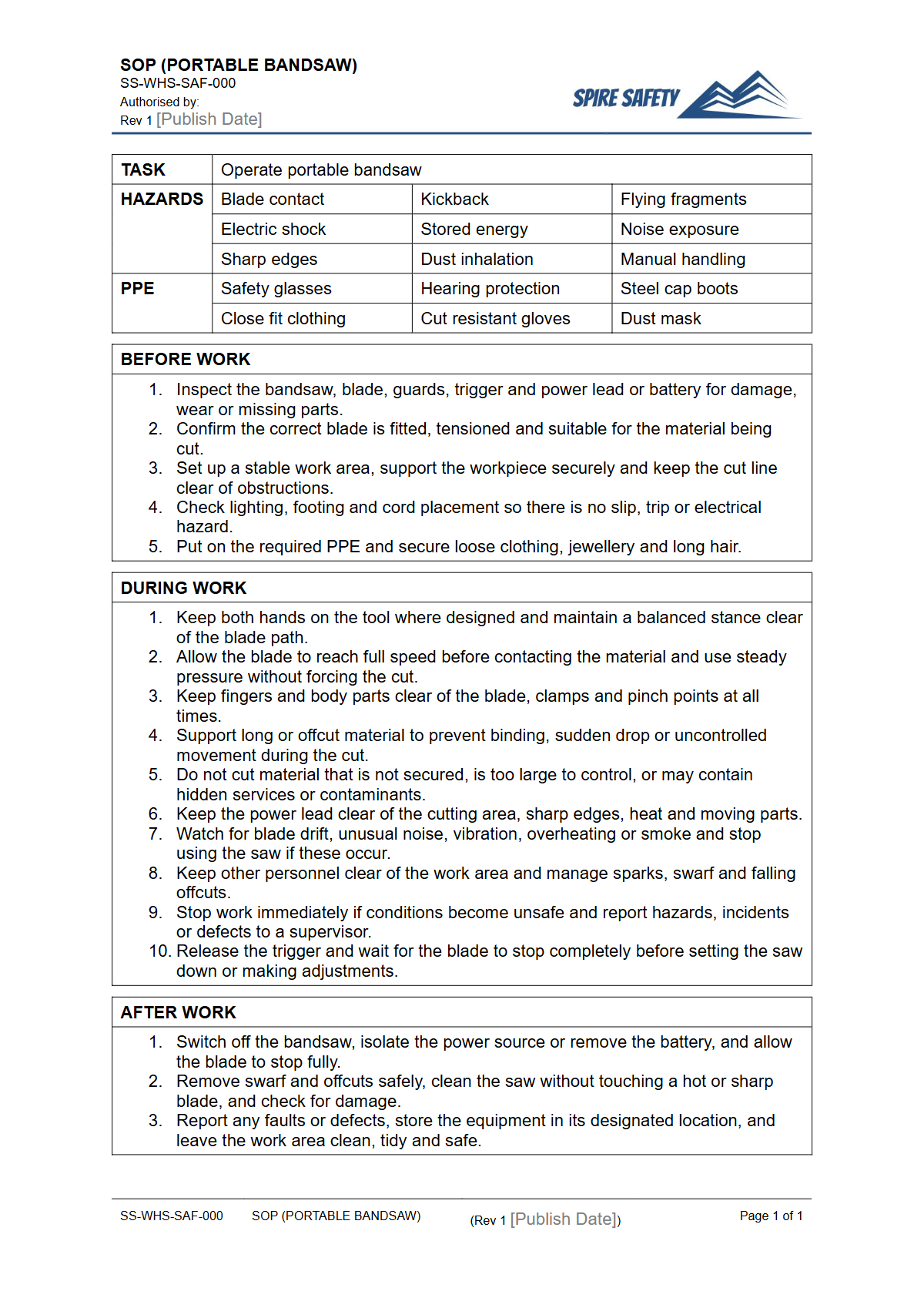 Free Safe Operating Procedure (Portable Bandsaw) Template — document preview