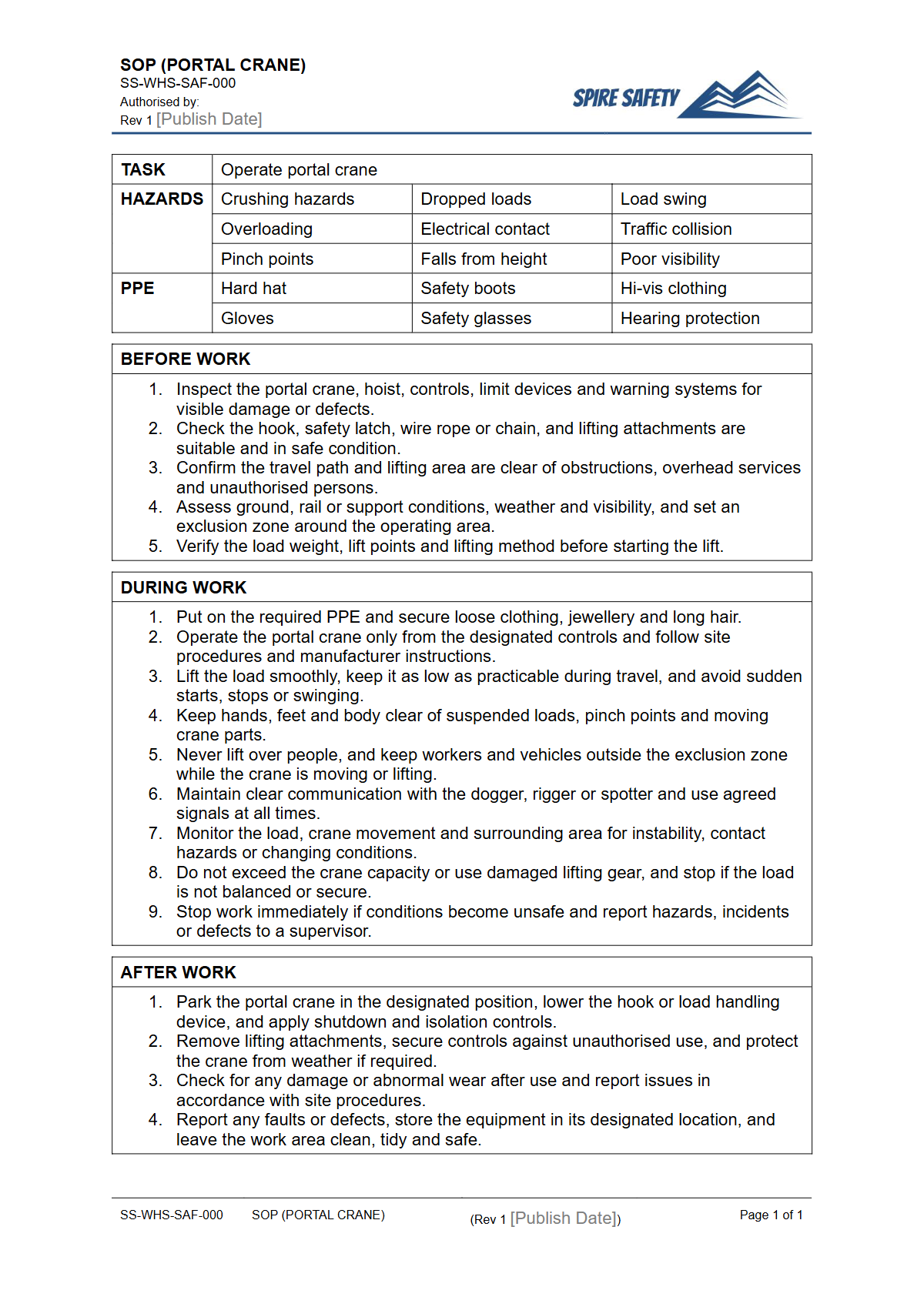 Free Safe Operating Procedure (Portal Crane) Template — document preview