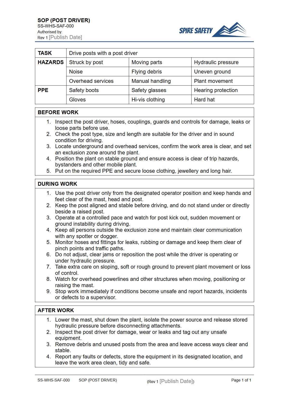Free Safe Operating Procedure (Post Driver) Template — document preview