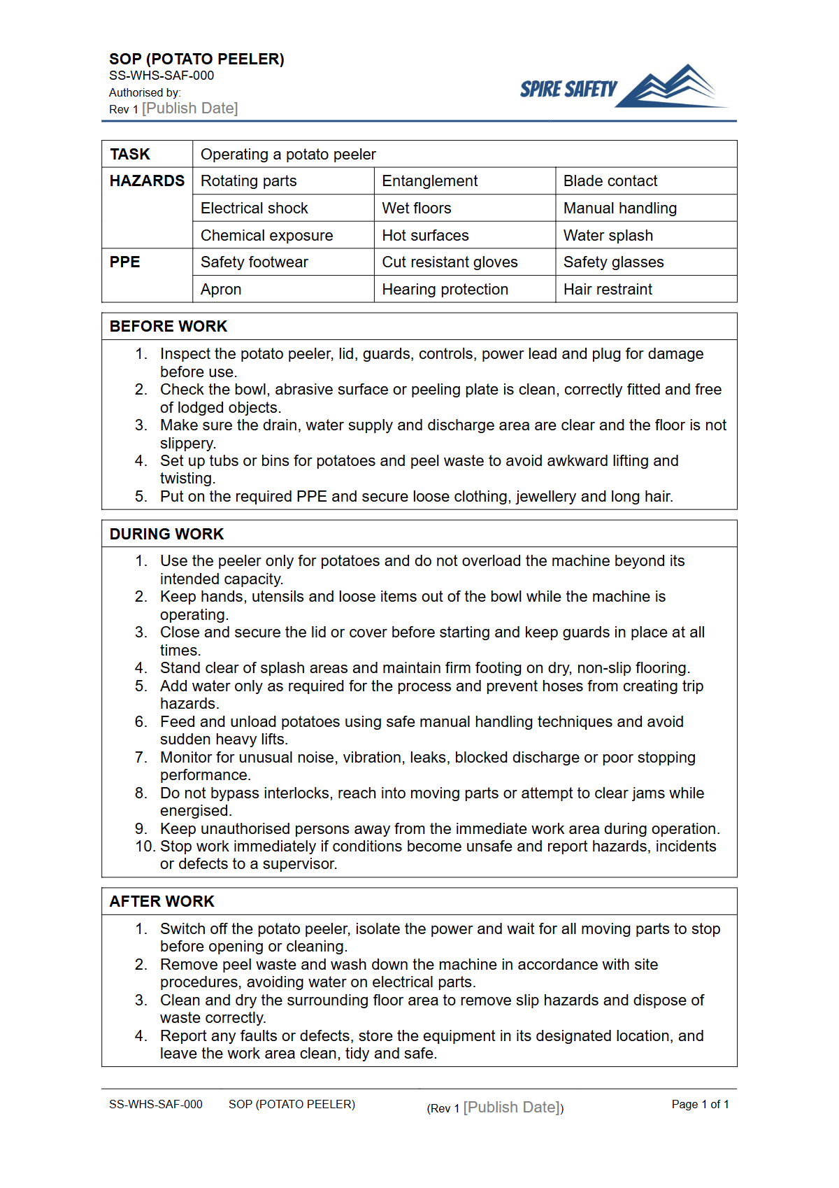 Free Safe Operating Procedure (Potato Peeler) Template — document preview