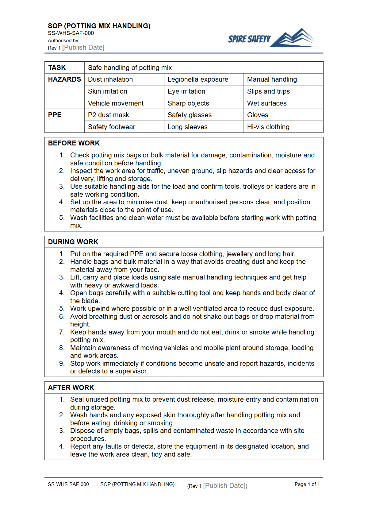 Free Safe Operating Procedure (Potting Mix Handling) Template — document preview