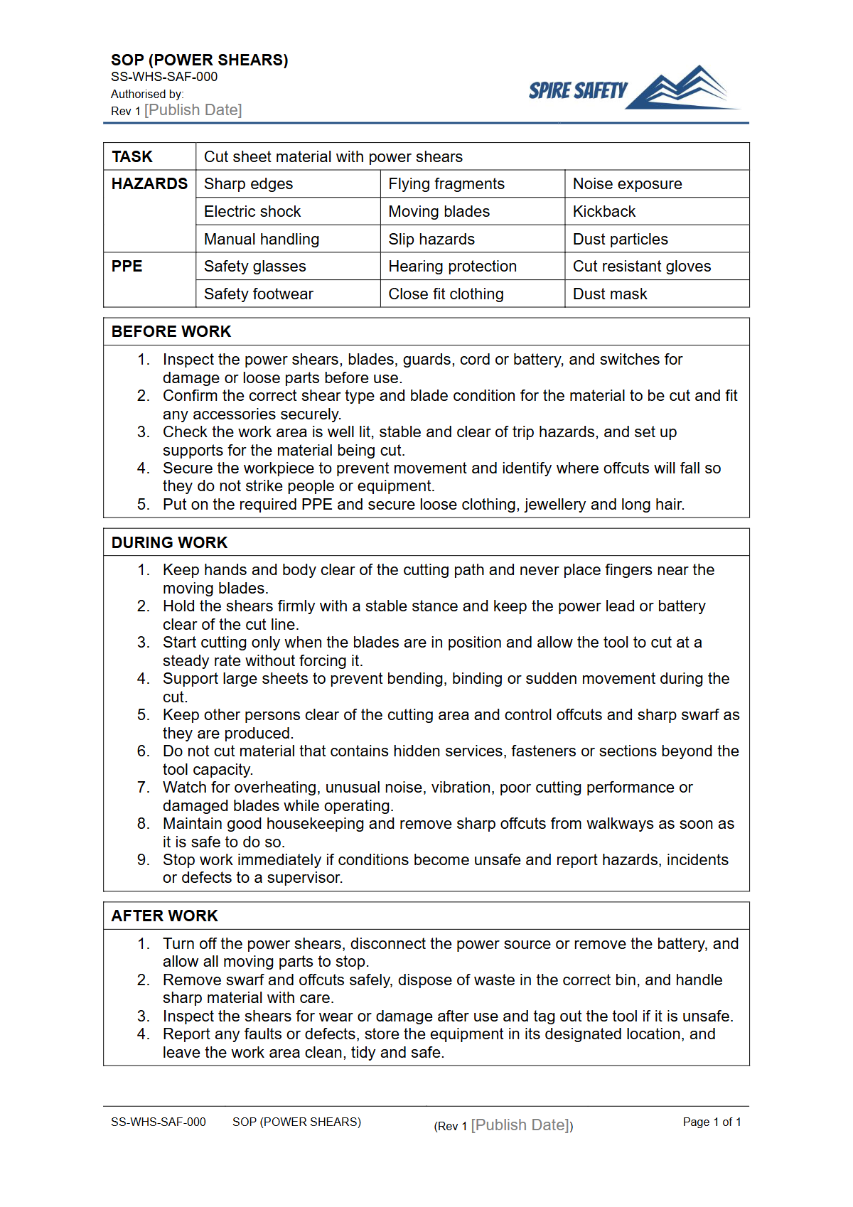 Free Safe Operating Procedure (Power Shears) Template — document preview