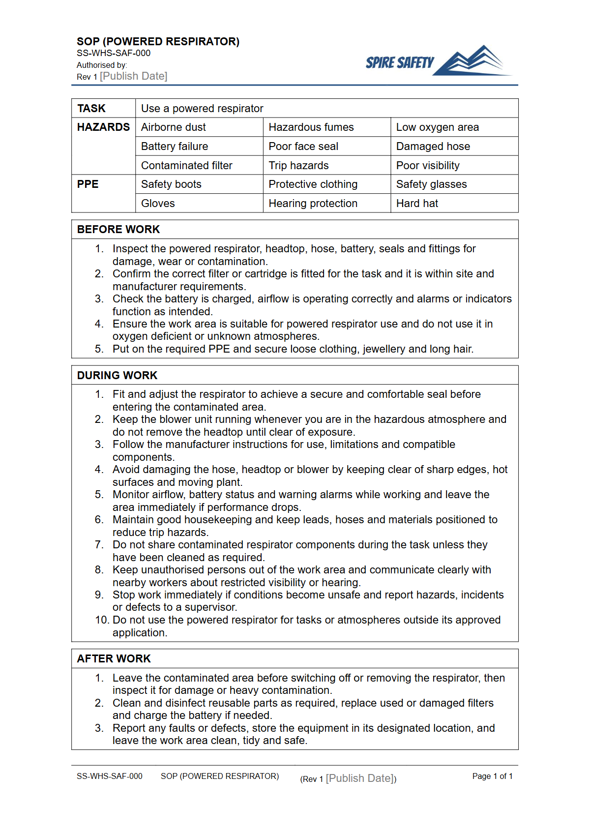 Free Safe Operating Procedure (Powered Respirator) Template — document preview
