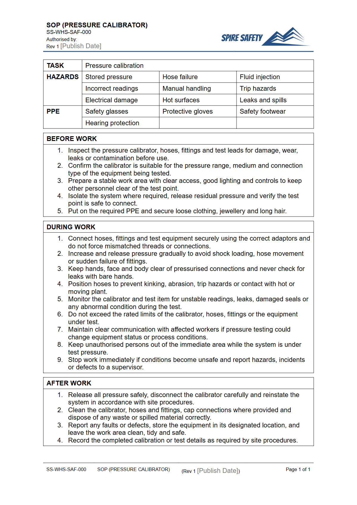 Free Safe Operating Procedure (Pressure Calibrator) Template — document preview
