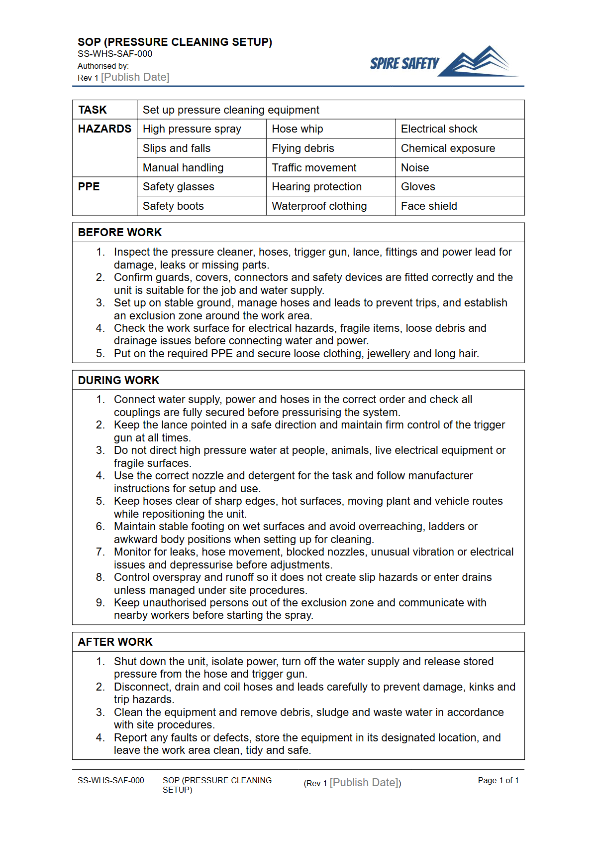 Free Safe Operating Procedure (Pressure Cleaning Setup) Template — document preview