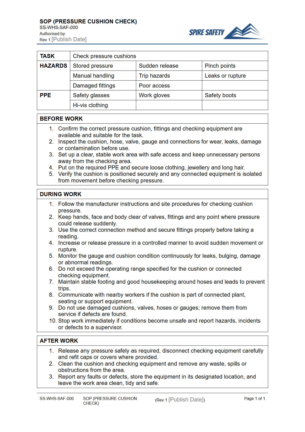 Free Safe Operating Procedure (Pressure Cushion Check) Template — document preview