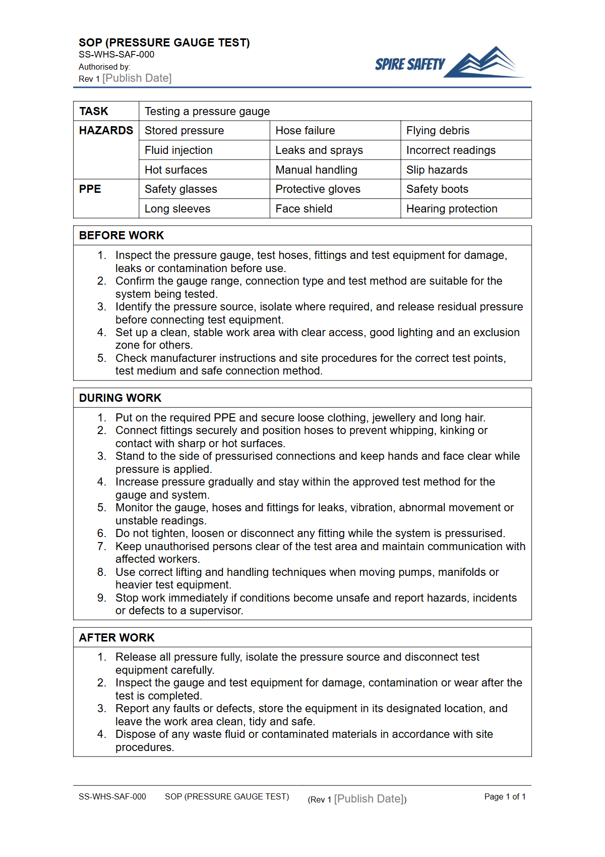 Free Safe Operating Procedure (Pressure Gauge Test) Template — document preview