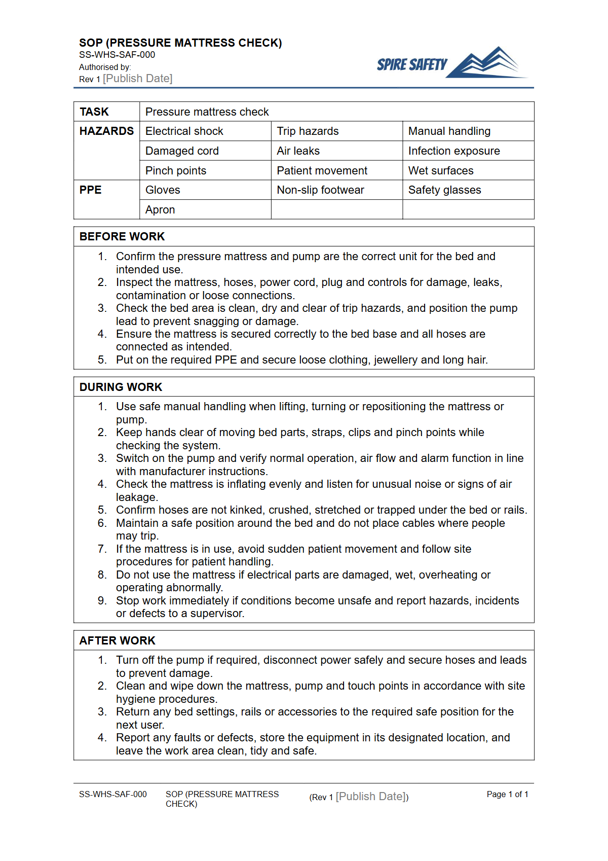 Free Safe Operating Procedure (Pressure Mattress Check) Template — document preview