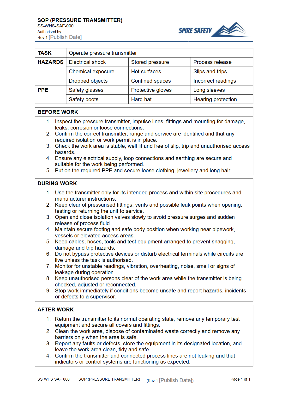 Free Safe Operating Procedure (Pressure Transmitter) Template — document preview