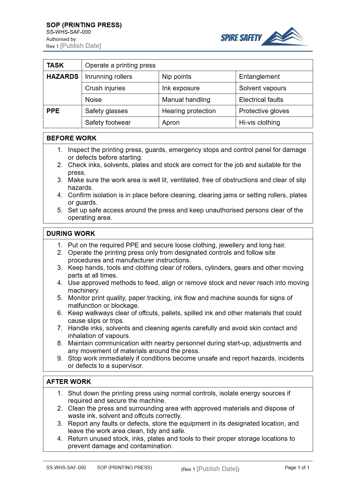 Free Safe Operating Procedure (Printing Press) Template — document preview