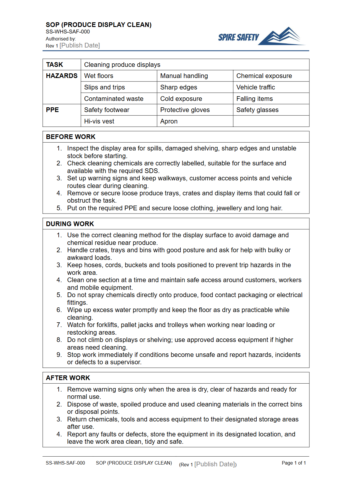 Free Safe Operating Procedure (Produce Display Clean) Template — document preview