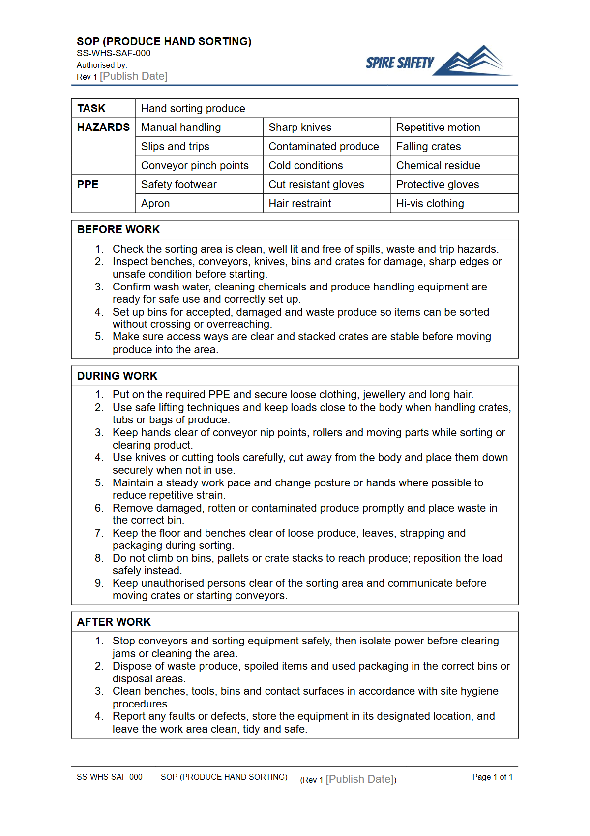 Free Safe Operating Procedure (Produce Hand Sorting) Template — document preview