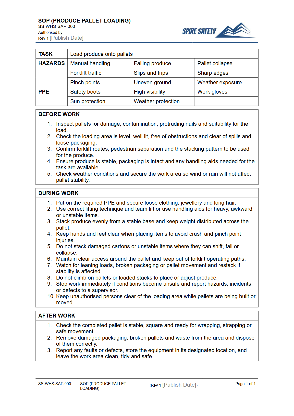 Free Safe Operating Procedure (Produce Pallet Loading) Template — document preview