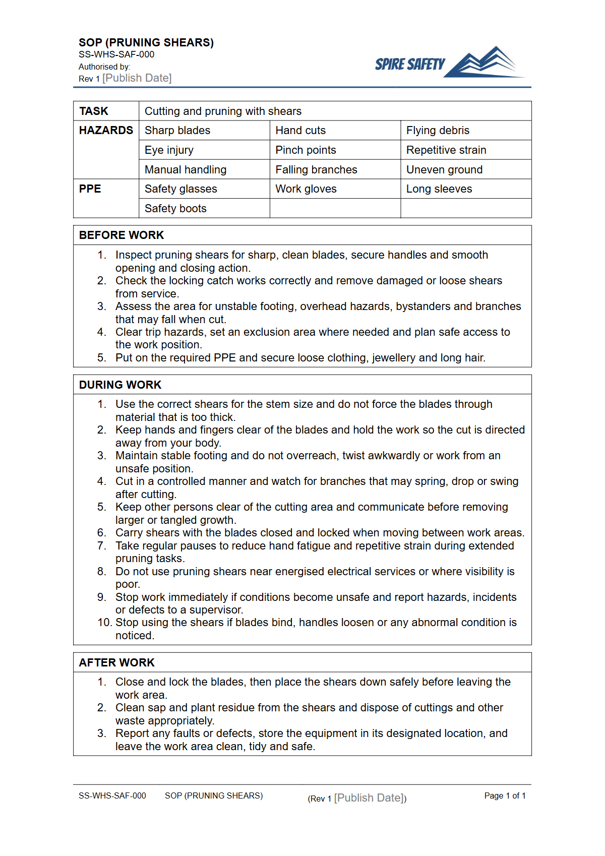Free Safe Operating Procedure (Pruning Shears) Template — document preview