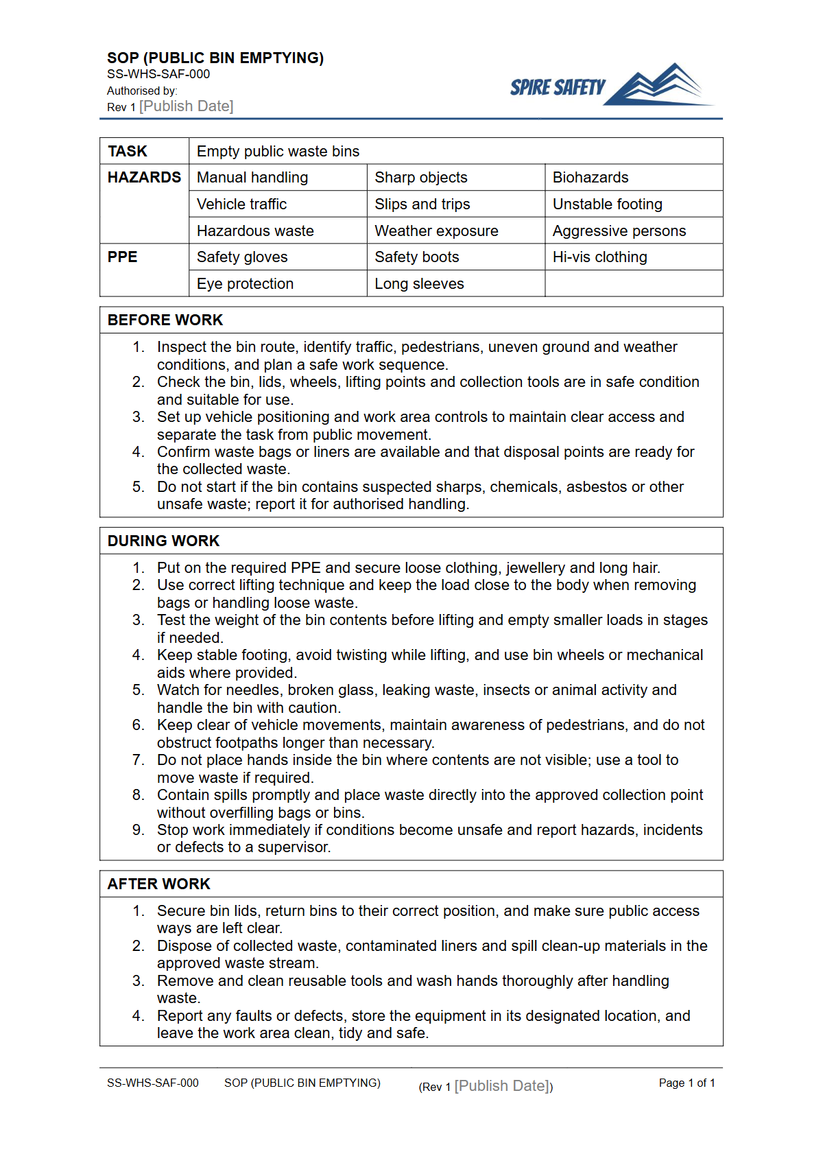Free Safe Operating Procedure (Public Bin Emptying) Template — document preview